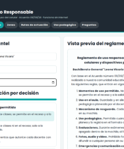 EduKIT Uso Responsable del Celular en Bachillerato | Reglamento, Consulta, Protocolos y Portal 11 Formulario en línea sobre la política de uso de móviles en el colegio; muestra los campos y ofrece una vista previa de las normas.