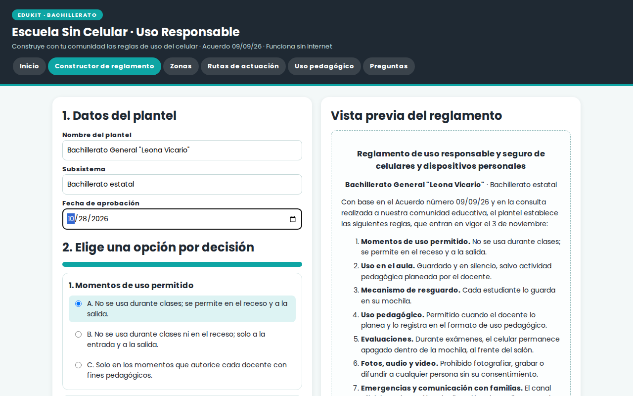 EduKIT Uso Responsable del Celular en Bachillerato | Reglamento, Consulta, Protocolos y Portal 5 Formulario en línea sobre la política de uso de móviles en el colegio; muestra los campos y ofrece una vista previa de las normas.