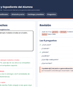 Registro de incidentes relacionados con los alumnos, con apartados dedicados a los hechos, los ejemplos y la revisión de términos subjetivos y de valoración.