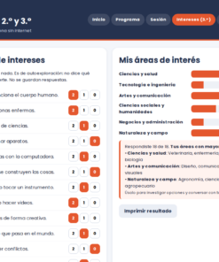 EduKIT Tutoría Secundaria 1°, 2° y 3° | Programa, Sesiones y Recursos Editable 11 Cuestionario en línea sobre intereses, con resultados destacados en ciencia, tecnología, arte y comunicación; opciones y puntuaciones visibles.