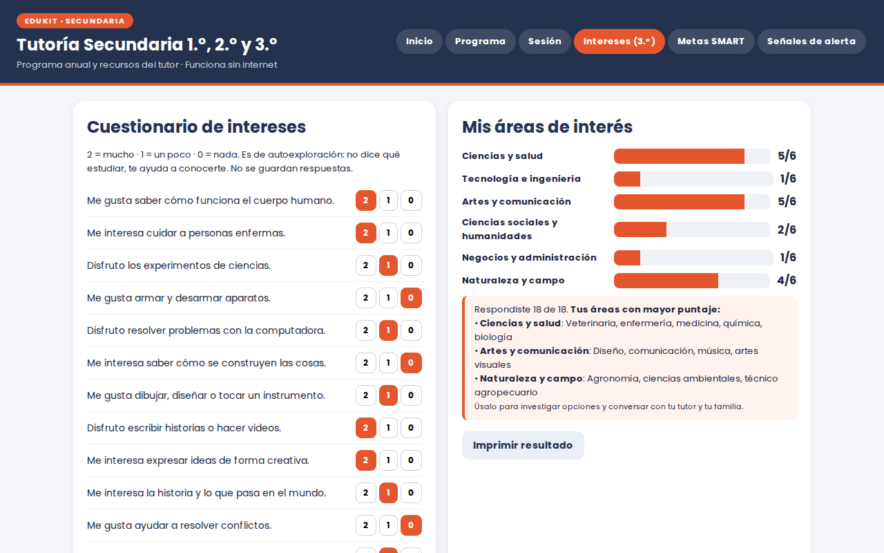EduKIT Tutoría Secundaria 1°, 2° y 3° | Programa, Sesiones y Recursos Editable 5 Cuestionario en línea sobre intereses, con resultados destacados en ciencia, tecnología, arte y comunicación; opciones y puntuaciones visibles.