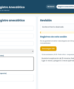 EduKIT Diario del Docente y Registro Anecdótico | Preescolar, Primaria, Secundaria y Bachillerato 11 Interfaz de software educativo para registrar las observaciones de los alumnos y descargar las sesiones en formato CSV.
