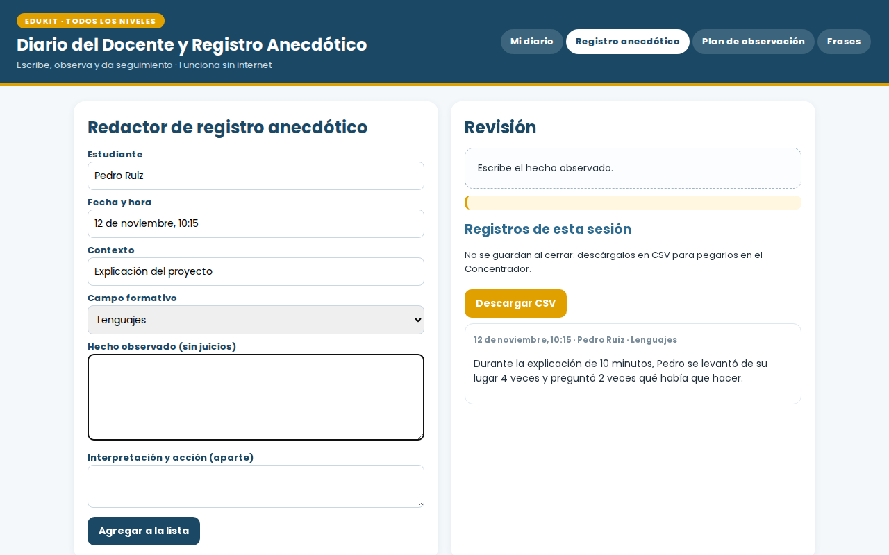 EduKIT Diario del Docente y Registro Anecdótico | Preescolar, Primaria, Secundaria y Bachillerato 5 Interfaz de software educativo para registrar las observaciones de los alumnos y descargar las sesiones en formato CSV.