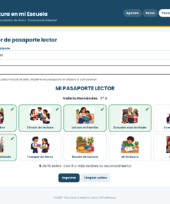 EduKIT Semana de la Lectura en mi Escuela | Actividades para Preescolar, Primaria y Secundaria 11 Generador de pasaporte de lectura EduKIT: formulario digital con los datos del alumno, iconos de progreso y botones para imprimir y borrar.