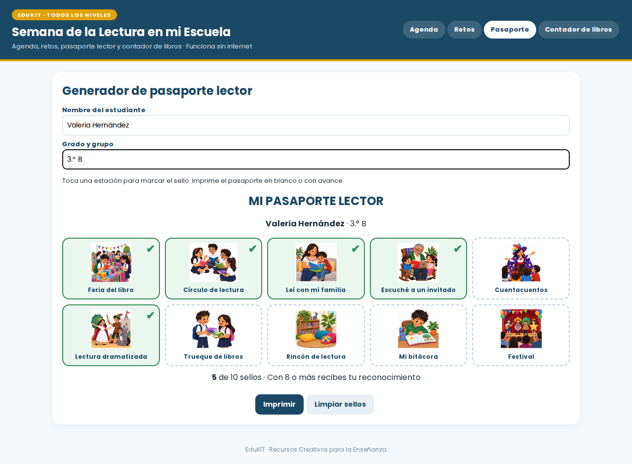 EduKIT Semana de la Lectura en mi Escuela | Actividades para Preescolar, Primaria y Secundaria 5 Generador de pasaporte de lectura EduKIT: formulario digital con los datos del alumno, iconos de progreso y botones para imprimir y borrar.