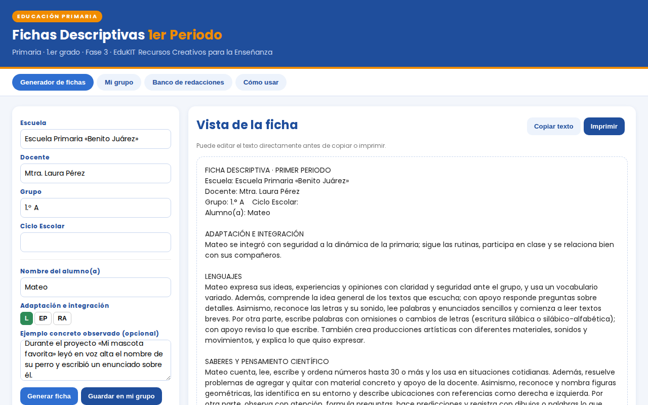 EduKIT Fichas Descriptivas 1er Periodo · 1° Primaria | Evaluación Formativa 5 EduKIT Fichas Descriptivas 1er Periodo · 1° Primaria | Evaluación Formativa - Imagen 5