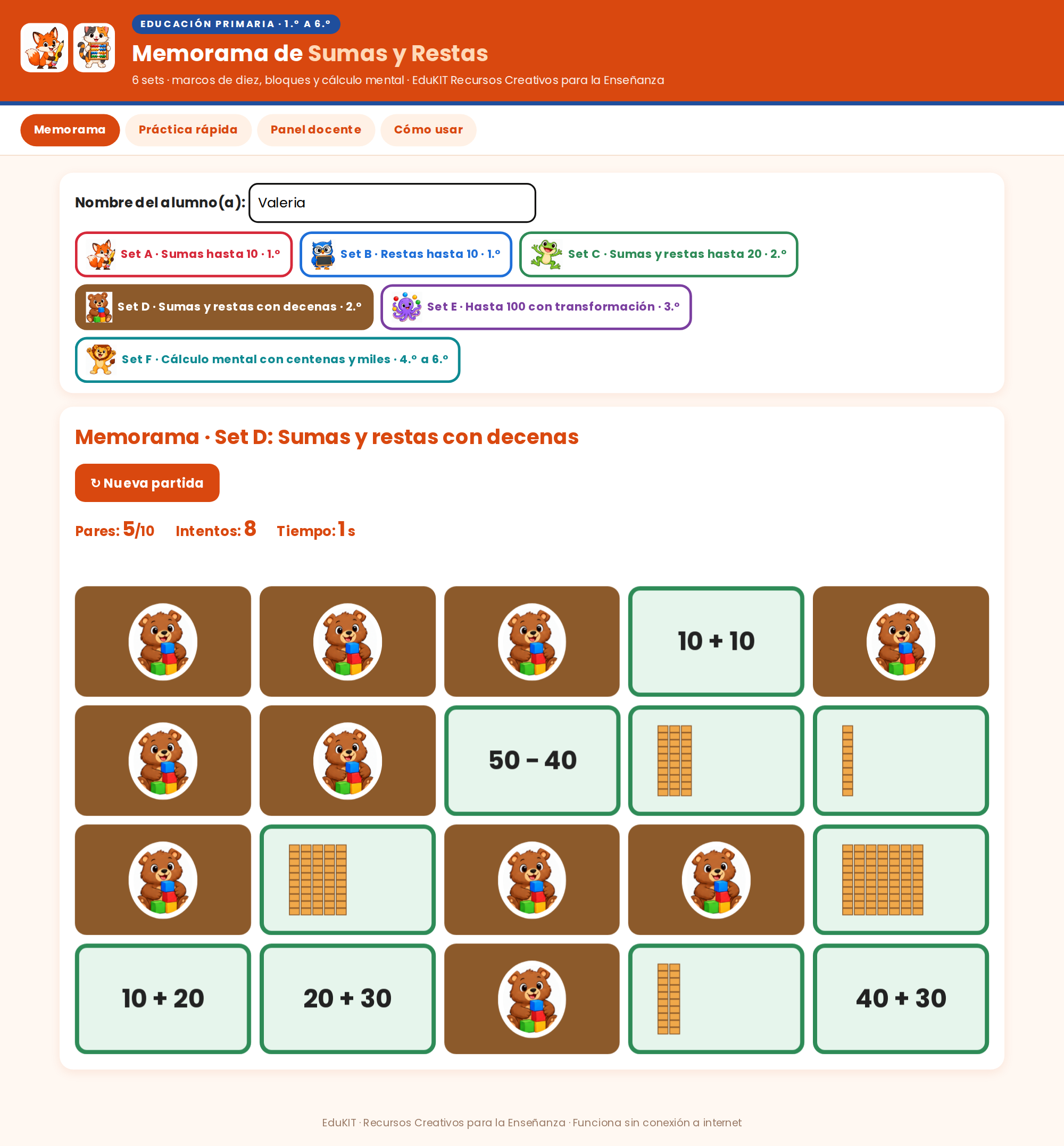 EduKIT Memorama de Sumas y Restas para Primaria | 120 Tarjetas, 6 Sets y Portal Interactivo 5 EduKIT Memorama de Sumas y Restas para Primaria | 120 Tarjetas, 6 Sets y Portal Interactivo - Imagen 5