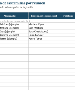 EduKIT para Reuniones con Padres de Familia | Formatos, Guiones, Presentación y Seguimiento 12 Nombres de los alumnos, del adulto responsable y número de teléfono; cinco asistentes con una «X» en «Reunión 1», filas 6 a 15 vacías.