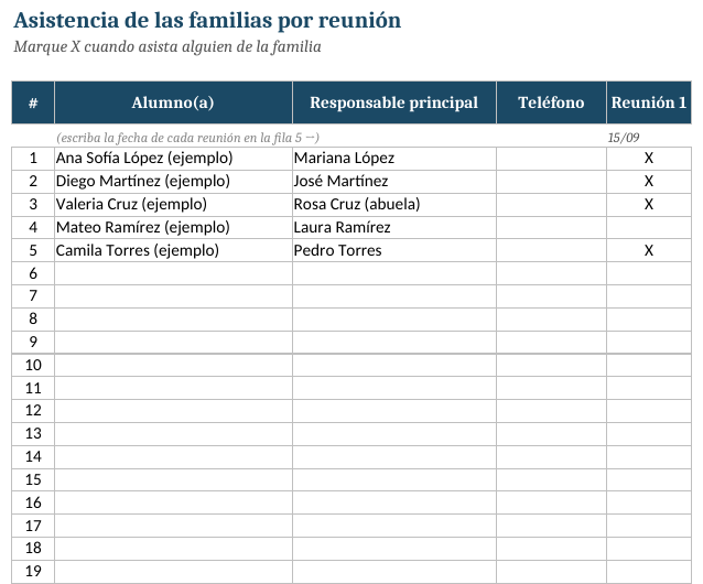 EduKIT para Reuniones con Padres de Familia | Formatos, Guiones, Presentación y Seguimiento 6 Nombres de los alumnos, del adulto responsable y número de teléfono; cinco asistentes con una «X» en «Reunión 1», filas 6 a 15 vacías.