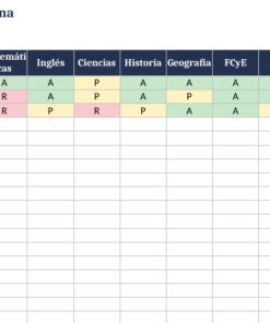 EduKIT Tutoría Secundaria 1°, 2° y 3° | Programa, Sesiones y Recursos Editable 12 Nombres de los alumnos en filas, asignaturas en columnas y calificación con A, P o R; estado final verde, amarillo o rojo.