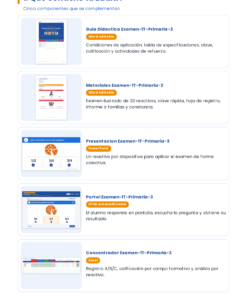EduKIT Examen 1er Trimestre Primaria 3° | Evaluación Ilustrada y Recursos Digitales 13 Cinco componentes del EduKIT: guía didáctica, exámenes, presentación, portal y hoja editable en Word o Excel con descripciones e iconos.