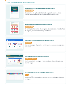 EduKIT Evaluación Intermedia Preescolar 1° | Segundo Momento NEM Fase 2 13 Lista de componentes del EduKIT para educación infantil con ejemplos visuales y descripciones de la guía, los materiales y los certificados.