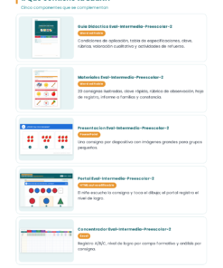 EduKIT Evaluación Intermedia Preescolar 2° | Segundo Momento NEM Fase 2 13 Infografía en español con cinco componentes de EduKIT para preescolar, cada uno de ellos ilustrado con un icono y texto en recuadros de colores.