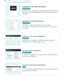 EduKIT Uso Responsable del Celular en Bachillerato | Reglamento, Consulta, Protocolos y Portal 13 Cinco componentes del EduKIT para bachillerato con descripciones y una etiqueta azul con la inscripción «Verá edición», fondo blanco y detalles en verde azulado y gris.
