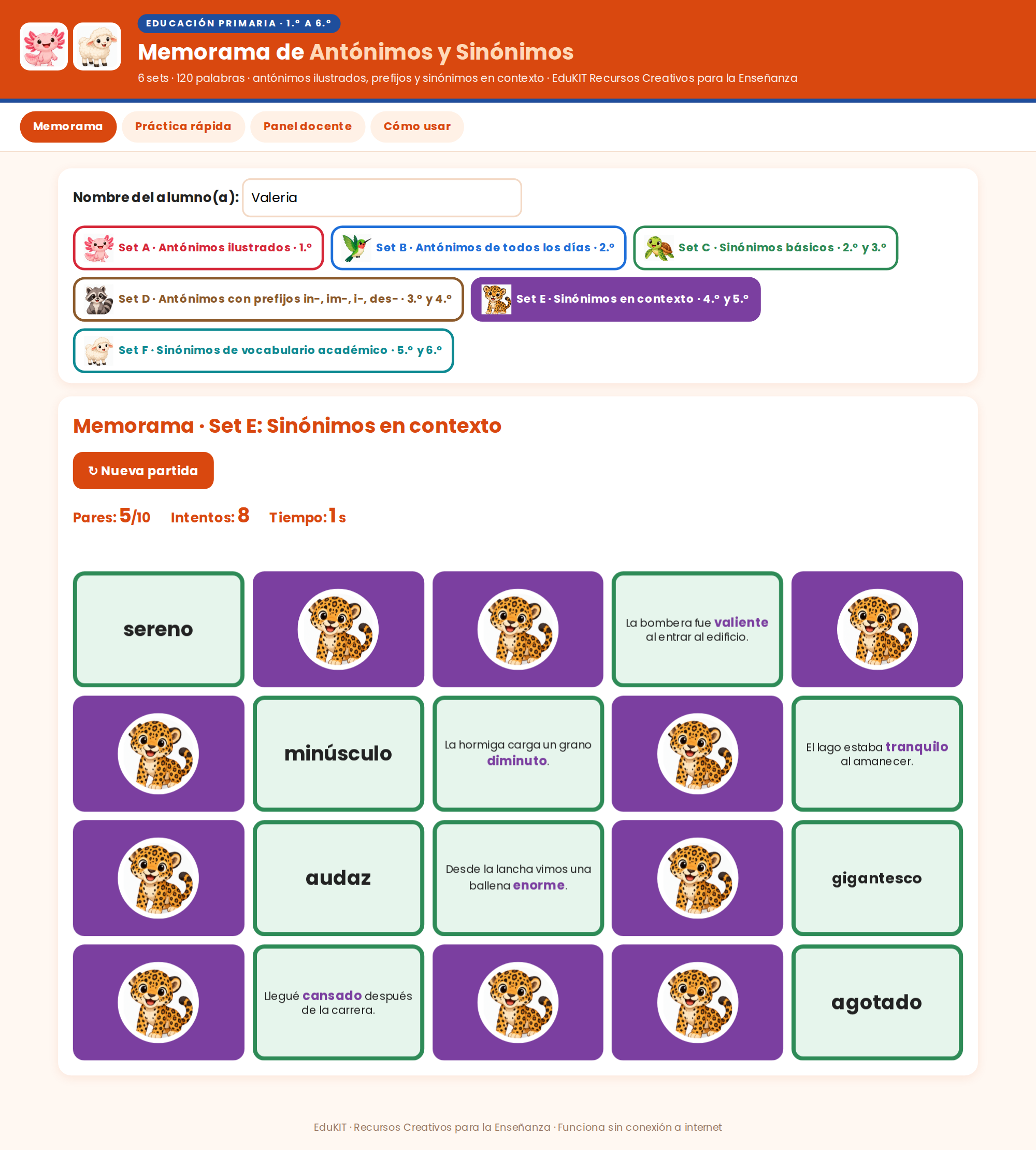 EduKIT Memorama de Antónimos y Sinónimos para Primaria | 120 Tarjetas, 6 Sets y Portal con Audio 7 EduKIT Memorama de Antónimos y Sinónimos para Primaria | 120 Tarjetas, 6 Sets y Portal con Audio - Imagen 7