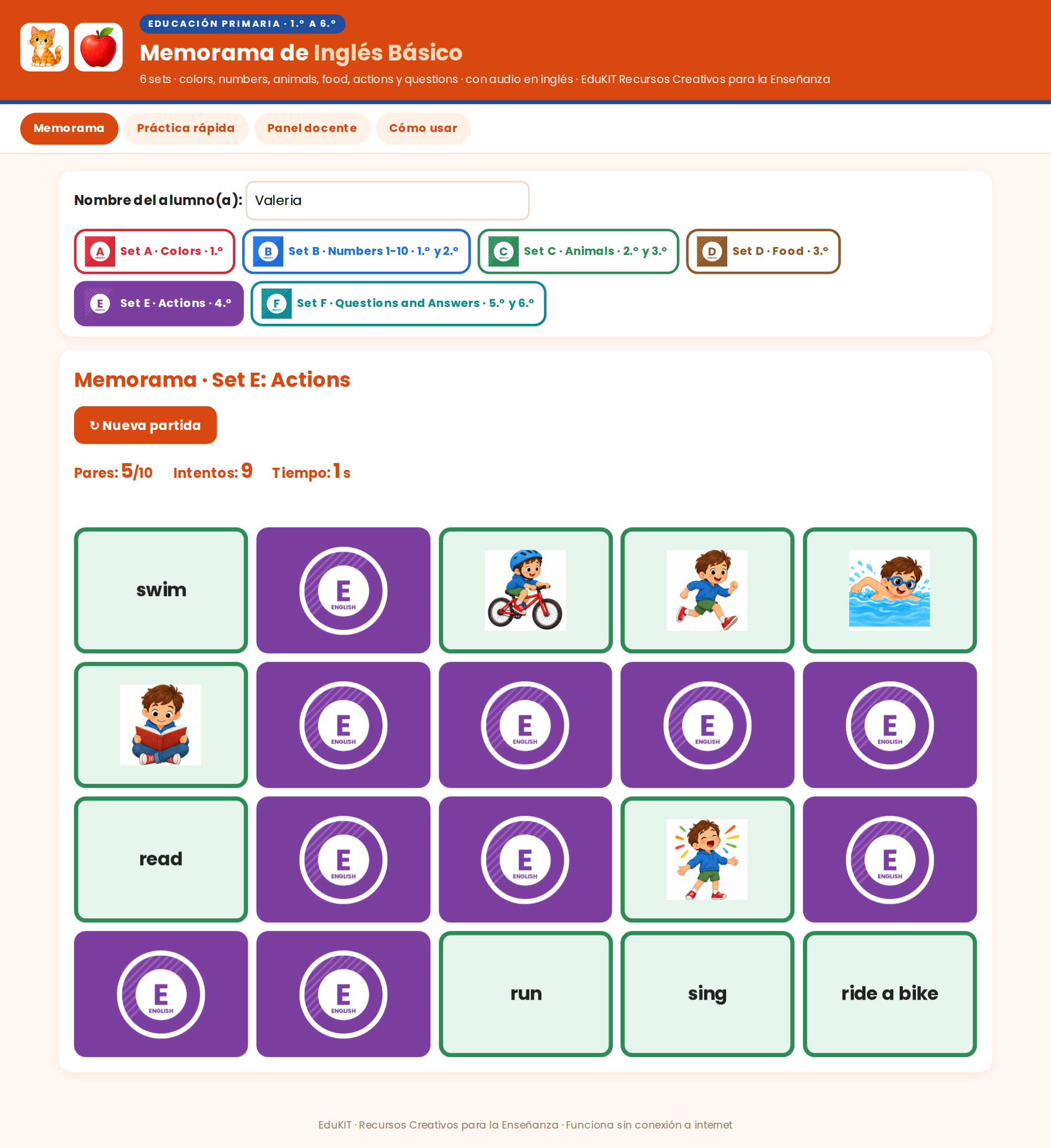 EduKIT Memorama de Inglés Básico para Primaria | 120 Tarjetas, 6 Sets y Portal con Audio en Inglés 7 EduKIT Memorama de Inglés Básico para Primaria | 120 Tarjetas, 6 Sets y Portal con Audio en Inglés - Imagen 7