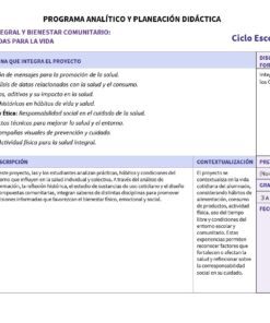 Integración Curricular 3: Programa Analítico, Planeaciones y Recursos Didácticos 8 Un cuadro esboza el plan de un proyecto de salud y bienestar para un curso escolar, con secciones para el contenido de la asignatura, la descripción, la contextualización, la explicación del proyecto y la información para el profesor. El texto está organizado en cuadros de colores.