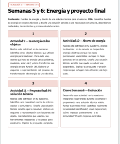 Una hoja de ejercicios en español presenta actividades sobre las fuentes de energía y un proyecto final, que incluye escribir sobre el uso de la energía en los objetos, proponer una solución para ahorrar energía, diseñar un proyecto técnico y una evaluación final.