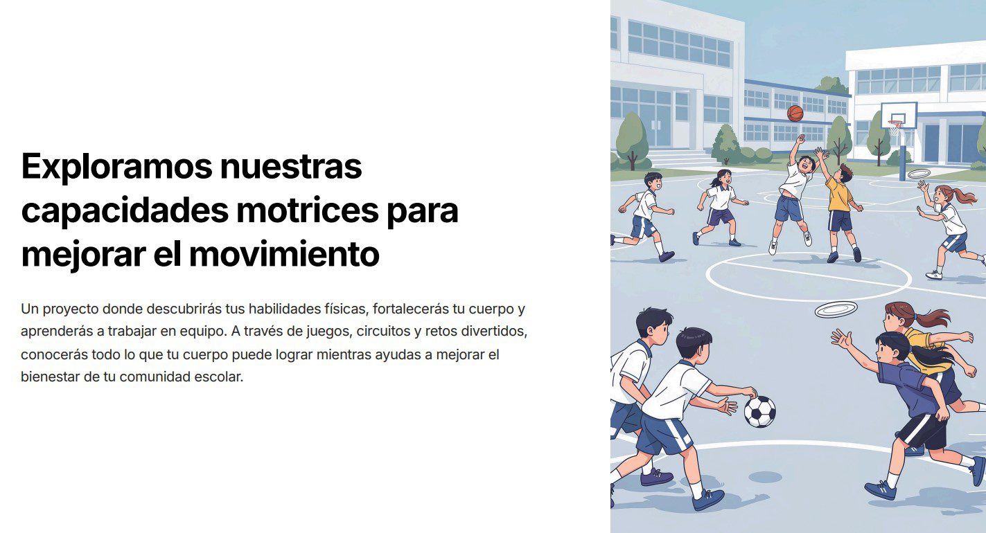 Educación Física 1: Programa Analítico, Planeaciones y Recursos Didácticos 5 Unos niños practican varios deportes y juegos en el patio de un colegio. Algunos juegan al baloncesto, otros corren, saltan a la comba y dan patadas a un balón de fútbol. Al fondo, un moderno edificio escolar y árboles.