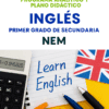 Portada de un programa de inglés para secundaria, con el título en español, una calculadora, la bandera británica, una nota en la que se lee "Aprenda inglés" y letras de colores sobre una mesa.