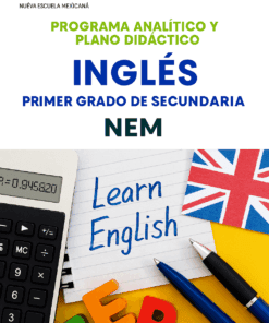 Portada de un programa de inglés para secundaria, con el título en español, una calculadora, la bandera británica, una nota en la que se lee "Aprenda inglés" y letras de colores sobre una mesa.