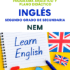 Portada de un cuaderno educativo con el texto "Programa Analítico y Plano Didáctico Inglés Segundo Grado de Secundaria NEM". Debajo, un cuaderno en el que se lee "Aprende inglés", con banderas británicas, un lápiz y letras de espuma de colores.