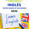 Un colorido cartel educativo para "Inglés Tercer Grado de Secundaria NEM" muestra un cuaderno con la inscripción "Learn English", dos banderas del Reino Unido, un bolígrafo y letras de espuma sobre un fondo blanco y amarillo.