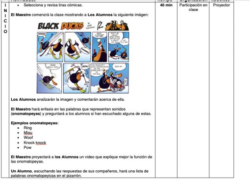 Una diapositiva de presentación educativa en español que muestra una tira cómica titulada "Patos Negros" que presenta patos antropomórficos en varios paneles, junto con instrucciones y un plan de enseñanza para la Planeación secundaria Inglesa 1 3er Trimestre.