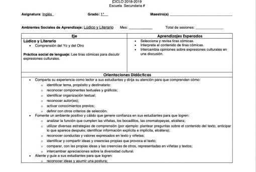 Una imagen de un documento que contiene una Planeación secundaria Ingles 1 3er Trimestre para secundaria. El texto describe varios objetivos y métodos para actividades literarias y de comprensión.
