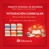 Póster promocional en rojo con texto en blanco del completo paquete de recursos de Edunova para la integración curricular de primer curso de secundaria. Incluye iconos de análisis, planificación, exámenes y materiales educativos sobre fondo rojo.