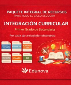 Póster promocional en rojo con texto en blanco del completo paquete de recursos de Edunova para la integración curricular de primer curso de secundaria. Incluye iconos de análisis, planificación, exámenes y materiales educativos sobre fondo rojo.