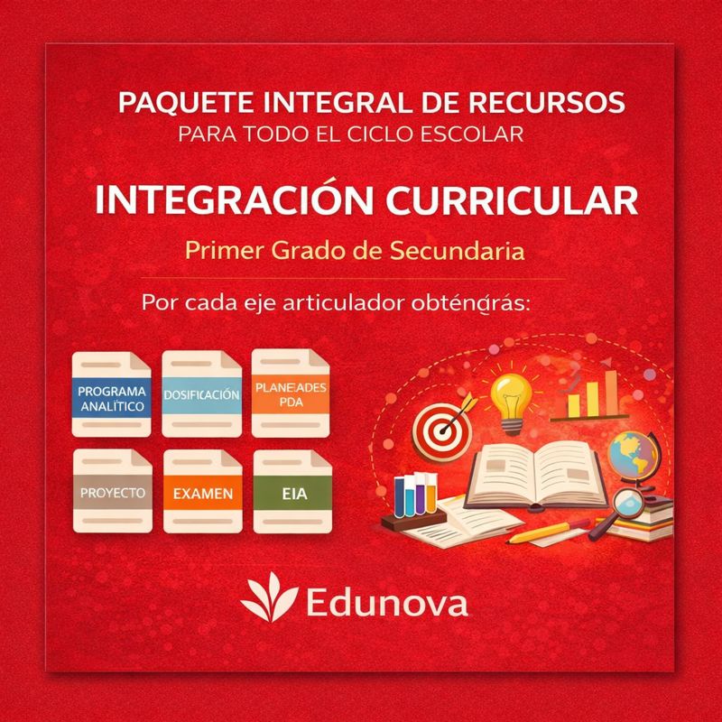 Integración Curricular 1: Programa Analítico, Planeaciones y Recursos Didácticos 1 Póster promocional en rojo con texto en blanco del completo paquete de recursos de Edunova para la integración curricular de primer curso de secundaria. Incluye iconos de análisis, planificación, exámenes y materiales educativos sobre fondo rojo.