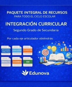 Gráfico promocional en azul para el paquete integral de recursos escolares de Edunova para segundo de secundaria. Los iconos representan programa analítico, programación, planificación, proyecto, examen y EIA, con ilustraciones educativas.