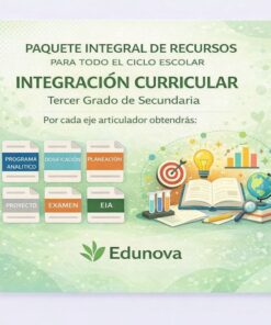Imagen promocional del paquete de integración curricular de Edunova para secundaria, que muestra iconos de programa de estudios, planificación, proyecto, examen y recursos, con libros, un ordenador portátil, gráficos y una bombilla sobre fondo verde.