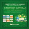 Gráfico promocional verde para el paquete curricular integrado de Edunova para tercero de secundaria. Iconos de carpetas, libros, un globo terráqueo, un microscopio y recursos de listas de texto: programa analítico, planificación, proyecto, examen, EIA, etc.