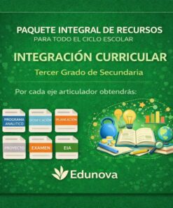 Gráfico promocional verde para el paquete curricular integrado de Edunova para tercero de secundaria. Iconos de carpetas, libros, un globo terráqueo, un microscopio y recursos de listas de texto: programa analítico, planificación, proyecto, examen, EIA, etc.