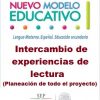 Afiche de un programa educativo en español, titulado "Nuevo Modelo Educativo", con un subtítulo sobre "Intercambio de experiencias de lectura planeación de todo el proyecto por día", con puntos de colores y el logo de.