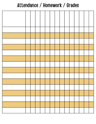 El planificador imprimible para profesores | 2023-2024 presenta un cuadro en blanco titulado "Asistencia/Tarea/Calificaciones" con un diseño de cuadrícula. Las filas están resaltadas en colores alternos (blanco y beige) y las columnas están separadas por líneas negras verticales. El gráfico está organizado en varias columnas y filas.