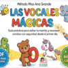 Imagen de portada para un PDF educativo infantil titulado "Las Vocales Mágicas" con letras de colores, simpáticas ilustraciones de una abeja, un elefante, un oso que sostiene la letra 'O', un unicornio y un dragón verde, además de una etiqueta para 3 bonificaciones gratuitas.