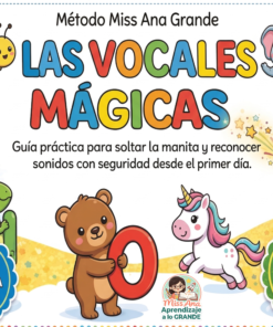 Imagen de portada para un PDF educativo infantil titulado "Las Vocales Mágicas" con letras de colores, simpáticas ilustraciones de una abeja, un elefante, un oso que sostiene la letra 'O', un unicornio y un dragón verde, además de una etiqueta para 3 bonificaciones gratuitas.