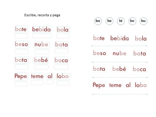 Una ficha educativa en español que muestra palabras que comienzan con las sílabas "ba", "be", "bi", "bo", "bu", organizadas en columnas, con representaciones pictóricas como bebidas y nubes encima de algunas palabras es parte de los 22 Serie Cuadernos Dinámicos de Lectura Globalizada.
