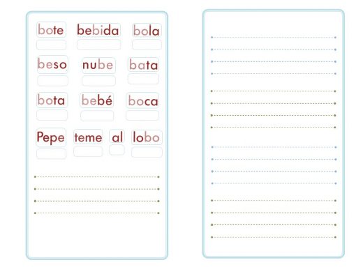 Hoja de trabajo de 22 vocabulario en español de "Cuadernos Dinámicos de Lectura Globalizada" con columnas etiquetadas para elementos como bote, bebida, bola y categorías como beso, nube, bata para combinar con contornos de imágenes y líneas en blanco para practicar la escritura a mano.