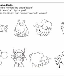 Hoja de trabajo en blanco y negro con dibujos de un avión, un oso, una abeja, un ángel, un elefante, un astronauta, una oveja y una araña. Las instrucciones en español piden colorear sólo los objetos que empiezan por la letra 