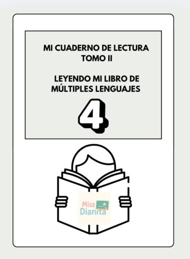 Portada de un cuaderno de trabajo titulado "Mi cuaderno de lectura tomo II: Leyendo mi libro de múltiples lenguajes 4", con la ilustración de una persona leyendo un libro titulado "Miss Dianta".