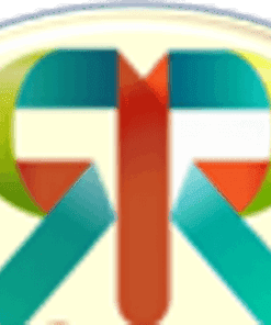 Logotipo abstracto con formas superpuestas en verde azulado, naranja, verde y blanco sobre fondo ovalado pálido.