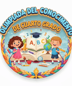 Colorida insignia con la inscripción "Olimpiada del Conocimiento de Cuarto Grado"; muestra a una niña y un niño sonrientes, un libro abierto con letras y números, material escolar y un globo terráqueo, enmarcados por una cenefa trenzada y una antorcha.