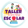 Logotipo del "Taller de Sociales (Normas, Valores, Derechos Y Deberes)" con dos niños tomados de la mano encima del texto. Están rodeadas de coloridas formas abstractas, incluido un toque amarillo. Debajo del texto hay una manzana sobre una pila de libros, que simboliza valores y normas. El diseño está rodeado por un remolino azul.