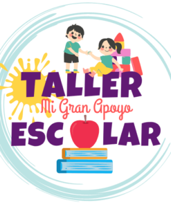 Logotipo del "Taller de Sociales (Normas, Valores, Derechos Y Deberes)" con dos niños tomados de la mano encima del texto. Están rodeadas de coloridas formas abstractas, incluido un toque amarillo. Debajo del texto hay una manzana sobre una pila de libros, que simboliza valores y normas. El diseño está rodeado por un remolino azul.