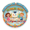 Insignia de colores con el texto "Olimpiada del Conocimiento de Primer Grado". Muestra a una niña y un niño sonrientes junto a un libro abierto con letras y números, rodeados de material escolar y una cenefa decorativa.