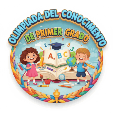 Insignia de colores con el texto "Olimpiada del Conocimiento de Primer Grado". Muestra a una niña y un niño sonrientes junto a un libro abierto con letras y números, rodeados de material escolar y una cenefa decorativa.